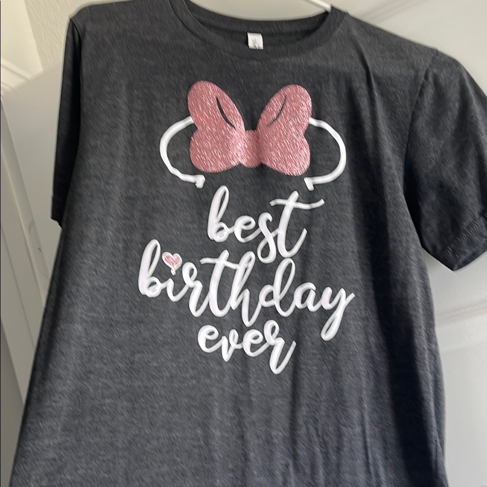 Gray Graphic Tee with Pink Bow Design Disney Birthday